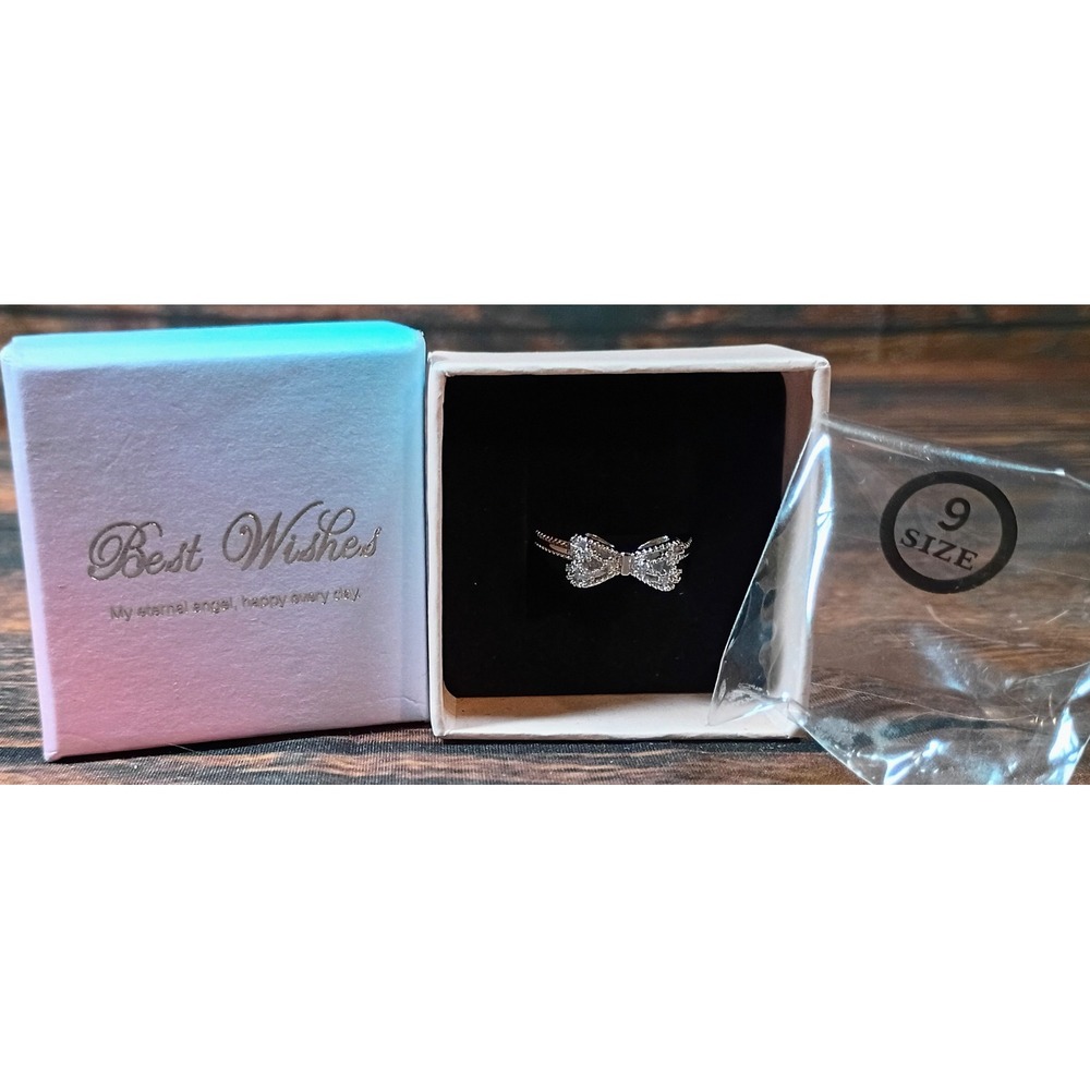 Silver Tone Bow Ring Clear Crystal Accents Size 9 Gift Boxed Fashion Jewelry